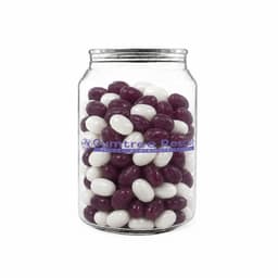 A clear jar filled with purple and white jelly beans, featuring a logo on the front.