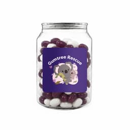 A clear jar filled with purple and white jelly beans, featuring a logo on the front.