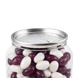 A clear can filled with purple and white jelly beans, topped with a metallic lid featuring a perforated design.