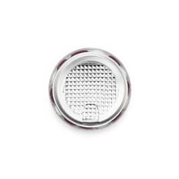 A clear can filled with colourful jelly beans, showcasing a mix of vibrant hues, with a textured silver lid.