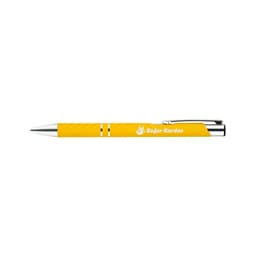 A yellow metal pen with a silver trim and a logo. Designed for writing.