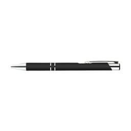A black metal pen with a sleek design and silver accents, featuring a clip and branding.