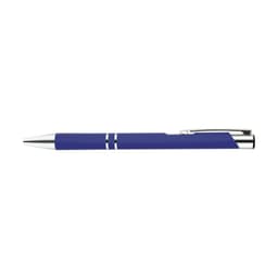 A metal pen in a vibrant blue colour with silver accents and a sleek design. Features a branding logo.
