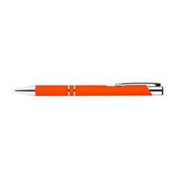 An orange metal pen with a chrome clip and two silver bands. It features a sleek design and branding.
