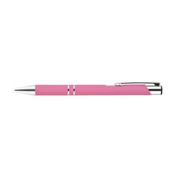 A pink metal pen with a shiny silver clip and accents, featuring a branding logo.