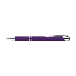 A purple metal pen with silver accents and a clip, featuring decorative stripes on the barrel.