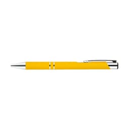 A yellow metal pen with chrome accents and a sleek design, featuring a branding logo.