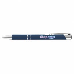 A navy blue gel ink pen with a silver clip and detailed branding on the barrel.