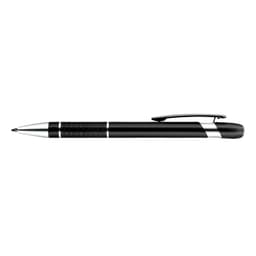 A black Aluminium pen featuring silver accents and a textured grip. Includes a clip and branding.