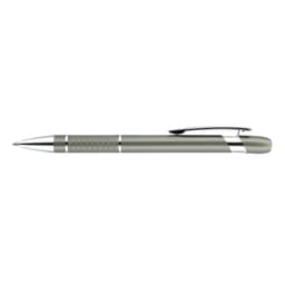 A metal pen in a sleek silver-grey colour with a shiny chrome clip and accents, featuring a textured grip.
