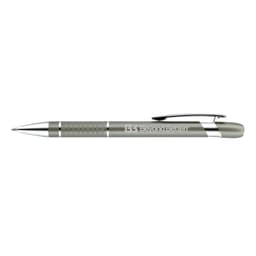 A metal pen in silver and grey, featuring a textured grip and a clip. The pen has a logo on its side.