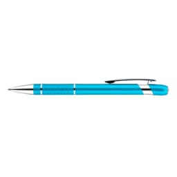 A metal pen in bright blue with silver accents and a clip, featuring a logo.