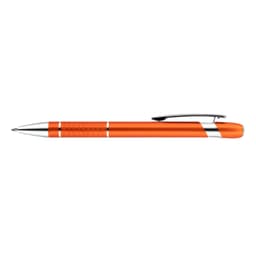 An orange aluminium pen with silver accents and a clip, featuring a textured grip section.