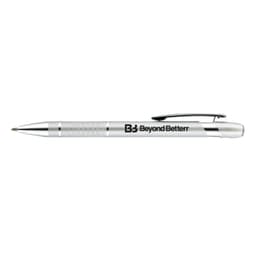 A silver aluminium pen with a textured grip and clip, featuring a logo on the side.