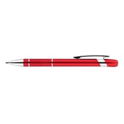 A red metal pen with silver accents and a clip, featuring a textured grip. It has a logo on the barrel.