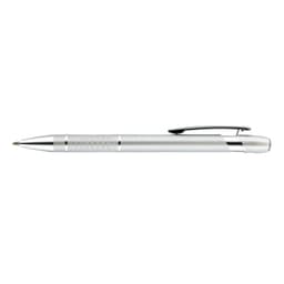 A metallic silver pen with a grip section and a clip, featuring a branding logo.
