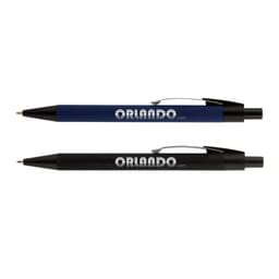 A set of two metal pens in navy blue and black, featuring a logo on the barrel.