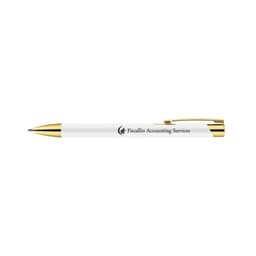 A white metal pen with gold accents and a branding logo.