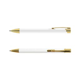A gold and white metal pen with a sleek design, featuring a gold clip and accents.