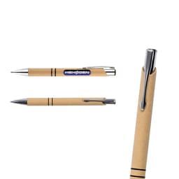 A paper pen with a brown body and metallic accents, featuring a logo and a clip for attachment.