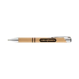 A pen featuring a brown paper barrel and silver accents, with a logo on the side.