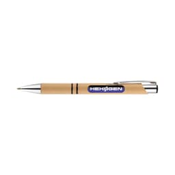 A brown biodegradable pen with a silver trim, featuring a logo on the barrel.