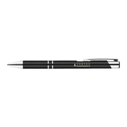 A black gel ink pen with silver accents and a clip, featuring a branding logo.