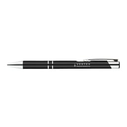 A black gel ink pen with silver accents, featuring a branding logo.