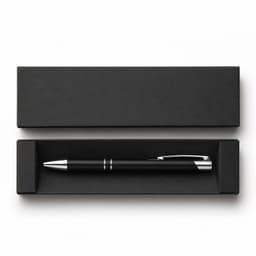 A black gel ink pen with silver accents, presented in a sleek black box.