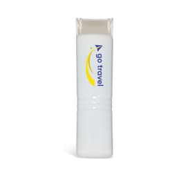 A white mini lint roller featuring a curved, sleek design and a logo.