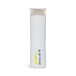 A white mini lint roller with a logo, featuring a compact, travel-friendly design.