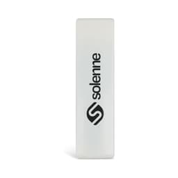 A mini lint roller in a sleek white design, featuring a logo on one side.