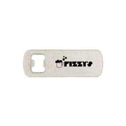 A drink bottle opener in white with a textured finish and a logo. It features a rectangular shape for easy handling.
