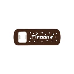 A drink bottle opener featuring a brown design with white text and a logo, designed for easy bottle opening.