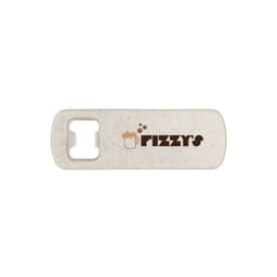A drink bottle opener in white with a logo design. It features a keyring loop for easy attachment.