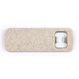 A drink bottle opener in a speckled beige color with a metal opener section and a logo.