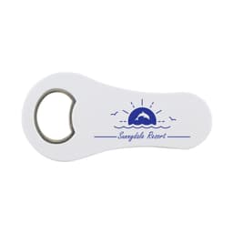 A drink bottle opener with a sleek white design featuring a blue sunset graphic and the text "Sunnydale Resort."