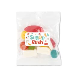 A cello bag filled with assorted jelly candies in various colors, including red, yellow, green, and blue.