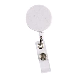 A retractable badge holder made from wheat straw, featuring a round white body with speckles and a clear strap.