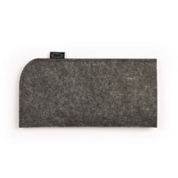A gray felt pouch with a rounded edge and a tag, designed for holding sunglasses.