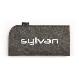 A grey felt sunglasses case with a rounded edge and a brand logo displayed prominently.