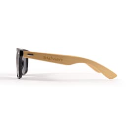 A pair of sunglasses with a black front and natural wood arms, featuring a logo on the side.