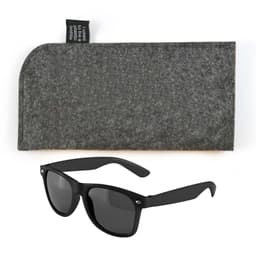 A pair of black sunglasses with dark lenses is displayed alongside a grey felt protective case.