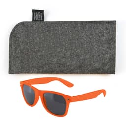 A pair of bright orange sunglasses with dark lenses next to a gray felt case.