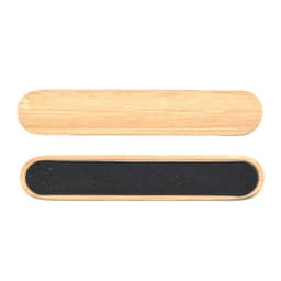 A bamboo nail file featuring a smooth wooden side and a textured black sanding surface. It has a simple design.