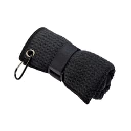 A folded black travel towel secured with a strap and carabiner, featuring a textured surface.
