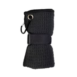 A black travel towel with a loop and strap for easy attachment, featuring a carabiner and textured fabric.