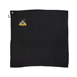 A black travel towel with a textured surface and a logo featuring a camping motif.