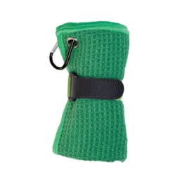 A green Rhino Travel Towel wrapped and secured with a black strap, featuring a carabiner for attachment.