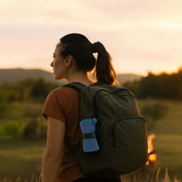 A woman with a ponytail wearing a brown top and carrying a green backpack, set against a sunset landscape.